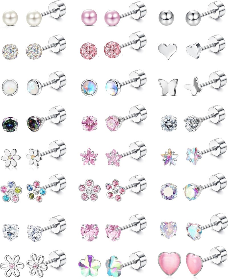 Yadoca 24Pairs Hypoallergenic Earrings for Girls Women - 𝑺𝒖𝒓𝒈𝒊𝒄𝒂𝒍 𝑺𝒕𝒆𝒆𝒍 Screw Back Earring Cute Kids Baby Toddler Earrings 4mm Tiny Screwback Flat Back Stud Earring Set Age: Over 3 Years Old - Image 1